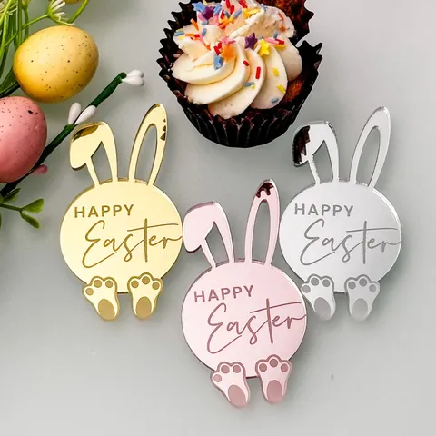 Mirror Acrylic Rabbit Cake Topper Happy Easter Bunny Cupcake Decorations Gift Tags Festive Party Decor