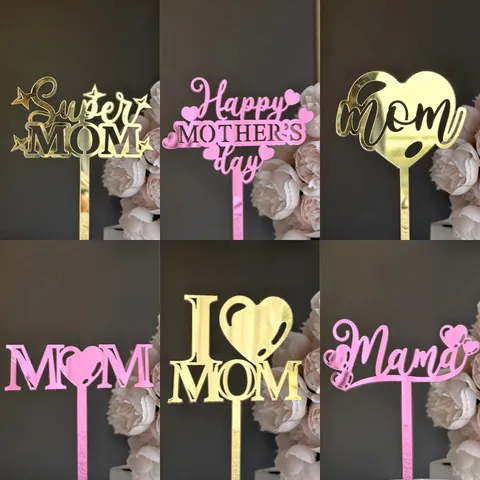 Mirror Acrylic Mother's Day Cake Topper Happy Mother's Day Super Mom I Love Mom Cake Decoration Party Supplies For Mom