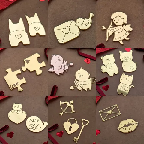 Gold Mirror Acrylic Cake Topper Valentine's Day Cupcake Decor Heart Cupid Bear Dog Cat Love Design Party Dessert Decorations