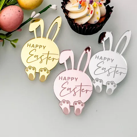 Mirror Acrylic Rabbit Cake Topper Happy Easter Bunny Cupcake Decorations Gift Tags Festive Party Decor