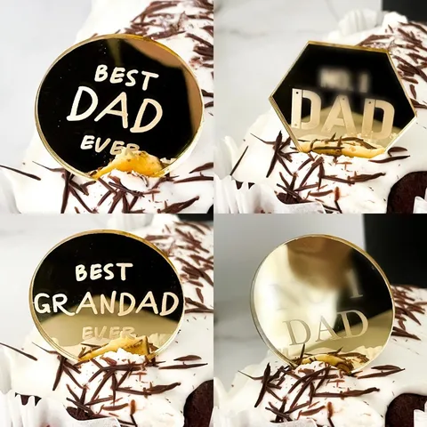 Acrylic Father's Day Cake Toppers Mirror Finish Cupcake Plugs Best Dad Ever No 1 Dad Grandad Party Cake Decorations
