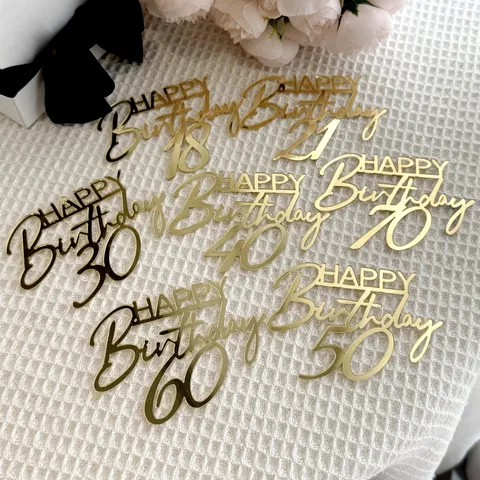 Elegant Acrylic Gold Mirror Happy Birthday Cake Topper Anniversary Party Decoration Insert For Milestone Celebration Craft