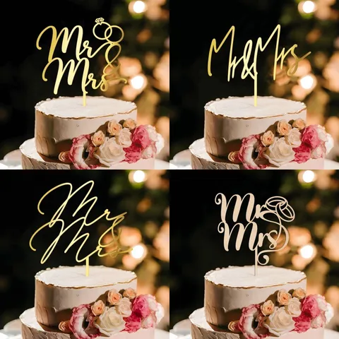 Topper de Gâteau Fiançailles Mr Mrs en Acrylique Bois Décoration de Gâteau de Mariage de Proposition Romantique Miroir Or