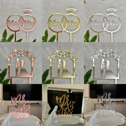 Acrylic Mirror Wedding Cake Topper Romantic Bride Groom Silhouette Double Ring Monogram Engagement Proposal Cake Decoration Insert Party Favors Supplies