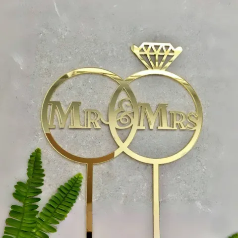 Acrylic Mirror Wedding Cake Topper Romantic Bride Groom Silhouette Double Ring Monogram Engagement Proposal Cake Decoration Insert Party Favors Supplies