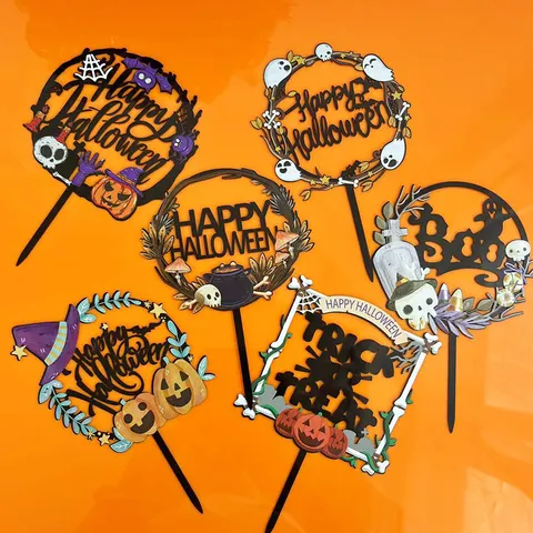 Halloween Cake Toppers Acrylic Castle Bat Pumpkin Spooky Cake Inserts For Halloween Party Dessert Decoration Supplies