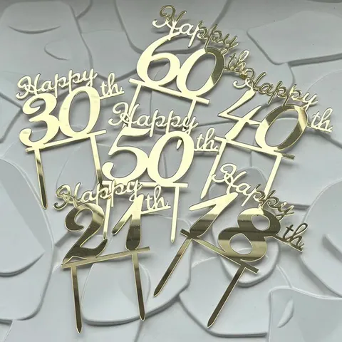 Ins Style Gold Mirror Acrylic Happy Birthday Cake Topper Anniversary Age Number 18 21 30 40 50 60 Party Dessert Decoration
