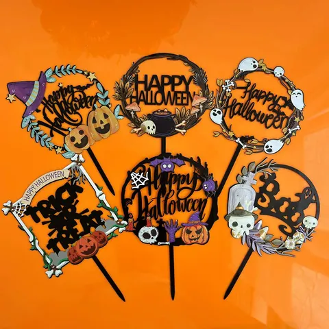 Halloween Cake Toppers Acrylic Castle Bat Pumpkin Spooky Cake Inserts For Halloween Party Dessert Decoration Supplies