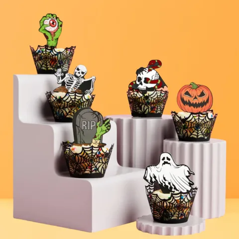 Σετ Διακόσμησης για Cupcake Απόκριες Χάρτινο Διάτρητο Ιστός Αράχνης Φάντασμα Κολοκύθα Σκελετός Διακόσμηση Τούρτας για Αποκριάτικα Διακοσμητικά Πάρτι