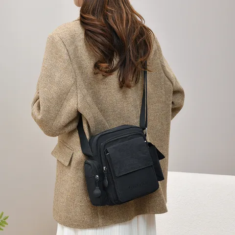 Waterproof Nylon Crossbody Bag Multi-Pocket Casual Shoulder Bag Embroidered Travel Messenger Bag For Men Women