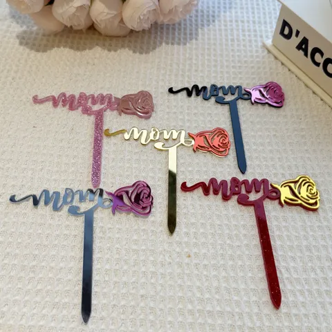 Στυλ INS Ακρυλικό MOM Τριαντάφυλλο Cake Topper Πάρτι Ημέρας της Μητέρας Διακόσμηση Τούρτας Γκλίτερ Καθρέφτης Ένθετο Τούρτας Είδη Ζαχαροπλαστικής