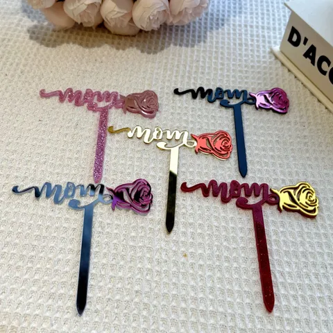 Στυλ INS Ακρυλικό MOM Τριαντάφυλλο Cake Topper Πάρτι Ημέρας της Μητέρας Διακόσμηση Τούρτας Γκλίτερ Καθρέφτης Ένθετο Τούρτας Είδη Ζαχαροπλαστικής
