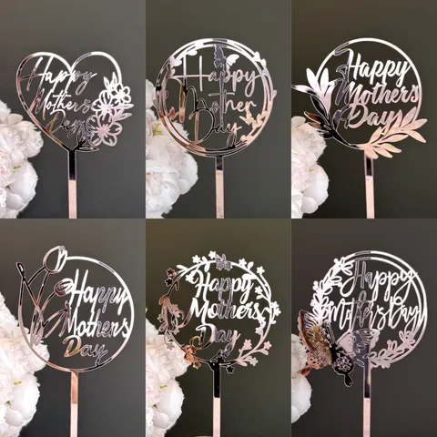 Acrylic Happy Mother's Day Cake Topper Mirror Gold Rose Red Heart Butterfly Tulip Cake Insert Party Baking Decoration