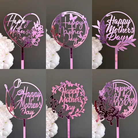 Acrylic Happy Mother's Day Cake Topper Mirror Gold Rose Red Heart Butterfly Tulip Cake Insert Party Baking Decoration