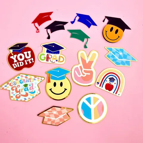 Set de Adornos para Tarta de Graduación de Acrílico Multicolor Cara Sonriente Birrete de Graduación Decoración de Cupcake Adornos Premium para Fiesta