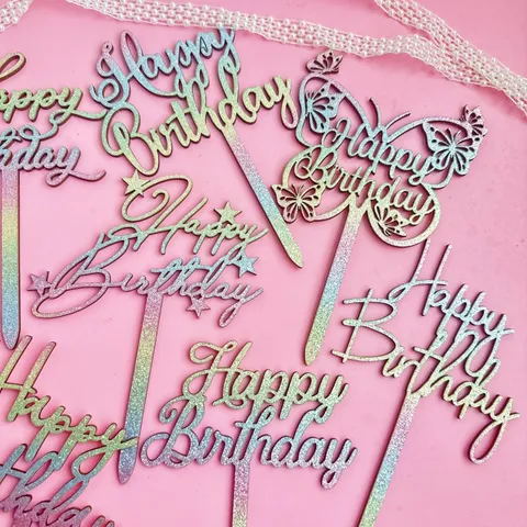 Décoration de Gâteau Happy Birthday en Acrylique Papier Pailleté Coloré Style Ins Décoration de Dessert Papillon Étoile Carte Ornements Suspendus pour Fête Fourniture