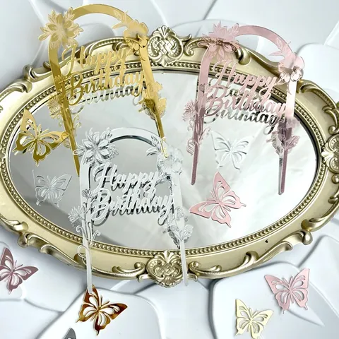Ακρυλική Διακόσμηση Τούρτας Happy Birthday Αψίδα Λουλούδι Πεταλούδα Καθρέφτης Χρυσό Ροζ Χρυσό Ασημί για Πάρτι Γενεθλίων Είδη Ζαχαροπλαστικής