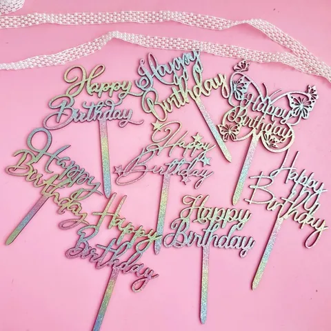 Décoration de Gâteau Happy Birthday en Acrylique Papier Pailleté Coloré Style Ins Décoration de Dessert Papillon Étoile Carte Ornements Suspendus pour Fête Fourniture