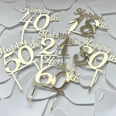 Ins Style Gold Mirror Acrylic Happy Birthday Cake Topper Anniversary Age Number 18 21 30 40 50 60 Party Dessert Decoration