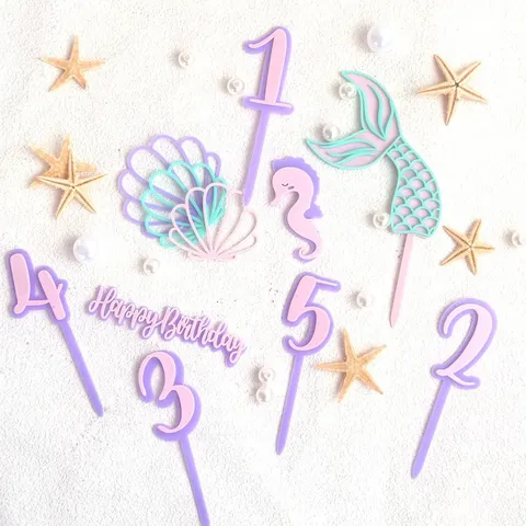 Tema Océano DIY Acrílico Cake Topper Set Concha Cola de Pez Caballito de Mar Cumpleaños Decoración Fiesta