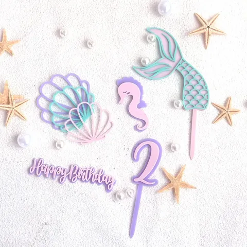 Tema Océano DIY Acrílico Cake Topper Set Concha Cola de Pez Caballito de Mar Cumpleaños Decoración Fiesta