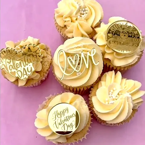 Acrylic Happy Valentine Day Cake Toppers Heart Love Cupcake Topper Mirror Gold Silver Rose Gold Party Baking Decorations