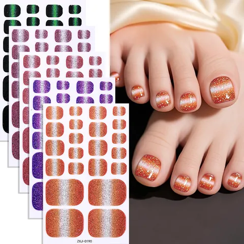 Summer Gradient Cat Eye Toe Nail Stickers Waterproof Fake Toe Nails Glitter Line Nail Art Patches For Women