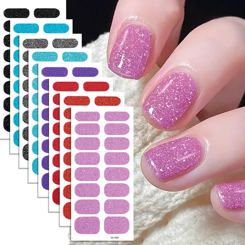 Juego de Pegatinas de Uñas con Purpurina de Color Sólido Uñas Postizas Adhesivas con Lima de Uñas para Mujeres
