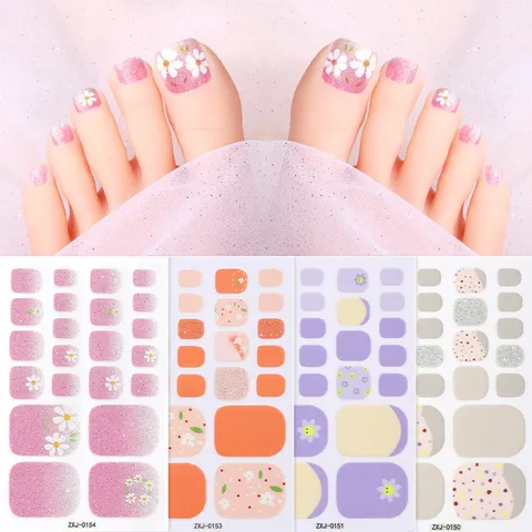 Zomer Madeliefje Teen Nagelstickers Kleurrijke Glitter Gradiënt Teen Wraps Volledige Dekking Nagel Decals Voor Vrouwen Voet Kunst Decoratie