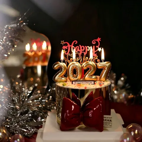 Happy New Year Cake Topper Set Acrylic Star Lettering Cake Decor Festive Number Birthday Candles Metallic Gold Party Supplies For Celebration