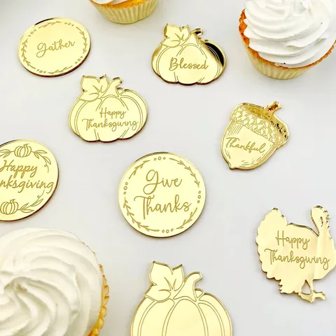 Thanksgiving Acrylic Cupcake Topper Gold Mirror Turkey Pumpkin Blessed Thankful Cake Decor Party Supplies