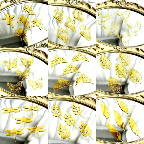 Acrylic Mirror Gold Cake Toppers Crown Butterfly Leaf Angel Feather Shape Cupcake Decoration For Wedding Birthday Party Desserts Table