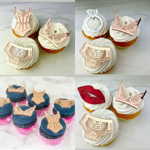 Sexy Bikini Lingerie Acryl Cupcake Toppers Rozegoud Spiegel Kant Ontwerp Diamanten Ring Lippen Taart Inserts Voor Vrijgezellenfeest Verjaardag Feest Decoraties