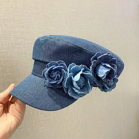 Women Vintage Denim Beret Hat Korean Style Floral Appliqué Flat Cap Casual Sun Protection Visor Hat Four Seasons