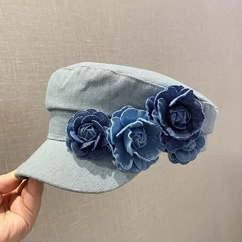 Women Vintage Denim Beret Hat Korean Style Floral Appliqué Flat Cap Casual Sun Protection Visor Hat Four Seasons