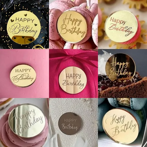 Στρογγυλό Ακρυλικό Διακοσμητικό Τούρτας Happy Birthday Χρυσός Καθρέφτης Διακόσμηση Πάρτι Γενεθλίων Χαραγμένος Δίσκος