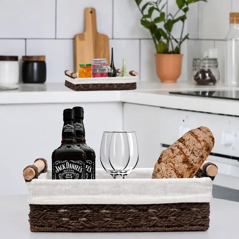 Cesta de Almacenamiento Tejida Caja Organizador de Escritorio de Cuerda de Papel Con Asas de Madera y Forro de Tela Para el Hogar
