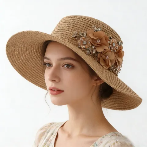 Damen Breiter Rand Stroh Sonnenhut Eleganter Atmungsaktiver UV Schutz Strandkappe Mit Strass Blumen Dekor Modischer Sommerhut