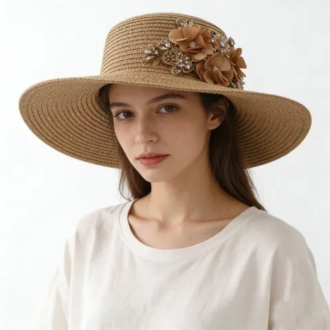 Damen Breiter Rand Stroh Sonnenhut Eleganter Atmungsaktiver UV Schutz Strandkappe Mit Strass Blumen Dekor Modischer Sommerhut