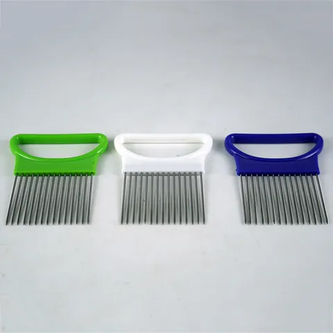 Fourchette à Oignon en Acier Inoxydable Protège-Main pour Coupe-Légumes Poignée en Plastique PP Outil de Cuisine