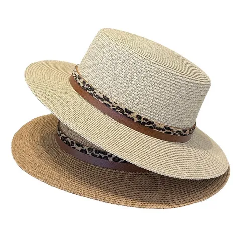 Sombrero de Paja de Verano para Mujer Copa Plana Ala Ancha Sombrero de Sol Cinturón de Cuero con Estampado de Leopardo Vacaciones en la Playa Sombrero Transpirable Casual