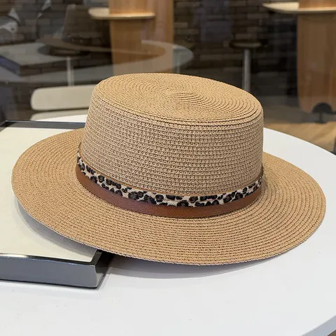 Sombrero de Paja de Verano para Mujer Copa Plana Ala Ancha Sombrero de Sol Cinturón de Cuero con Estampado de Leopardo Vacaciones en la Playa Sombrero Transpirable Casual