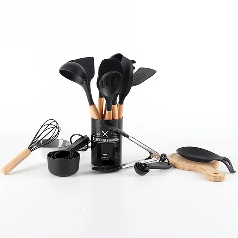 Silicone Cooking Utensils Set Wooden Handle Heat Resistant Non Stick Kitchen Tool Set Spatula Soup Spoon Whisk Kitchenware