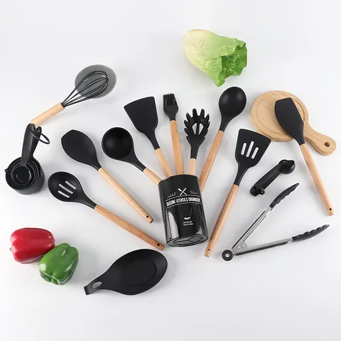 Silicone Cooking Utensils Set Wooden Handle Heat Resistant Non Stick Kitchen Tool Set Spatula Soup Spoon Whisk Kitchenware