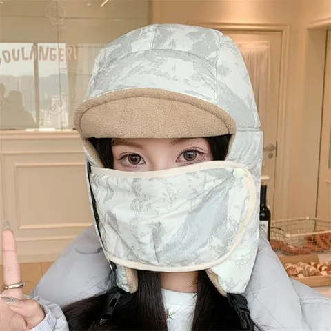 Winter Warm Ushanka Hat Windproof Cycling Bomber Hat With Integrated Face Mask And Bib Thermal Fleece Lined Trapper Hat For Women