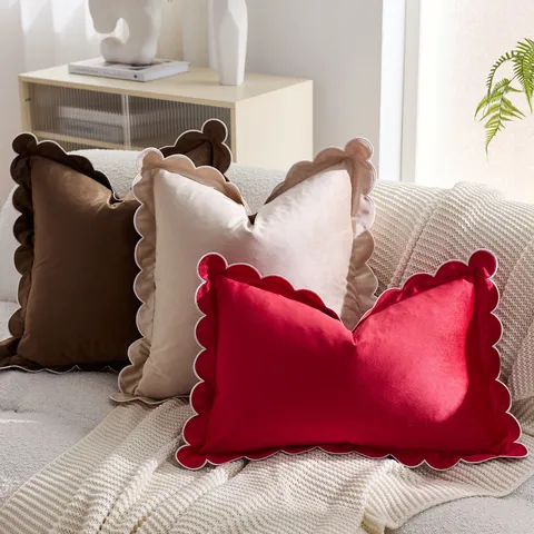 Federa per Cuscino in Peluche Tinta Unita Bordo a Mezzaluna Volant Federa Decorativa Moderna Minimalista per Soggiorno Camera da Letto