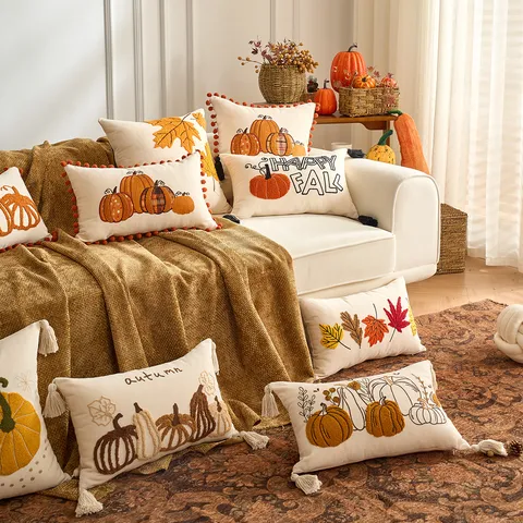 Autunno Zucca Foglia d'Acero Fodera per Cuscino Decorativo Ringraziamento Autunno Decorazioni per la Casa Fodera per Cuscino Divano Ricamo con Nappe