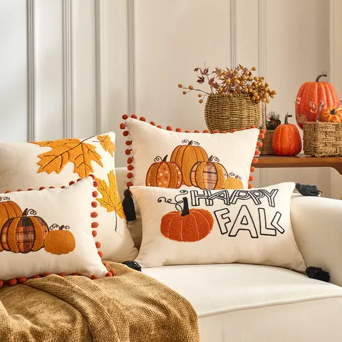 Autunno Zucca Foglia d'Acero Fodera per Cuscino Decorativo Ringraziamento Autunno Decorazioni per la Casa Fodera per Cuscino Divano Ricamo con Nappe