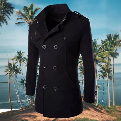 Men's Business Casual Wool Blend Mid-Length Coat Double-Breasted Stand Collar Thickened Trench Coat Windbreaker For Autumn Winter
