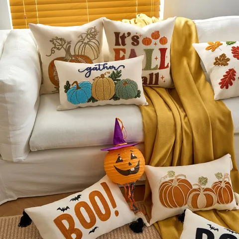 Fodera Per Cuscino Autunnale Foglia D'Acero Zucca Ringraziamento Halloween Festivo Decorativo Per Soggiorno Arredamento Casa